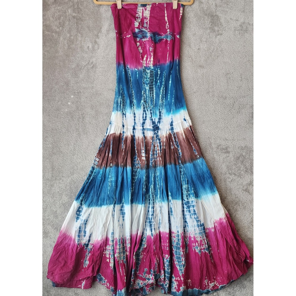 Solitaire Maxi Dress Womens Large Pink Blue Tie Dye Strapless Tiered Boho